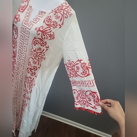 Soft Surroundings Embroidered Kaftan Dress Red White Size Med  Gauzy Resortwear - Picture 3 of 7